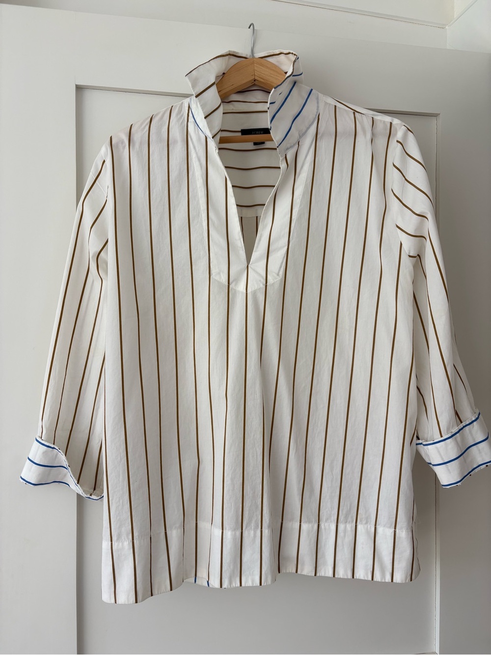 J. Crew Women’s White Shirt with Brown Pinstripes and Blue Trim